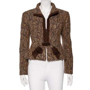 Pre Owned Valentino Brown Boucle Knit & Suede Trimmed Zip Front Jacket L