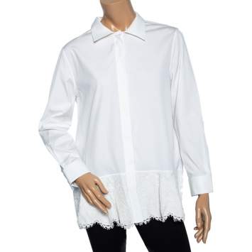 Pre Owned Valentino White Cotton & Lace Trim Detailed Scalloped Hem Blouse L