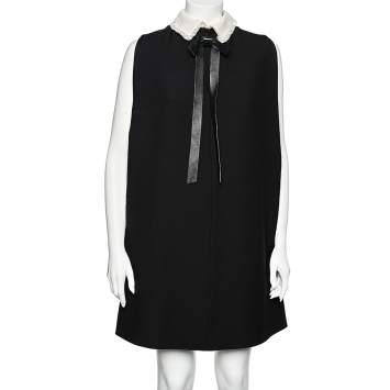 Pre Owned Valentino Black Crepe Contrast Collar & Neck Tie Detail Shift Dress S