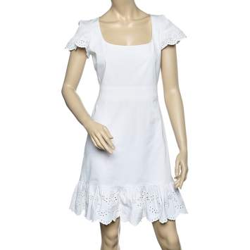 Pre Owned Valentino White Cotton Scallop Trim Detail Mini Dress M