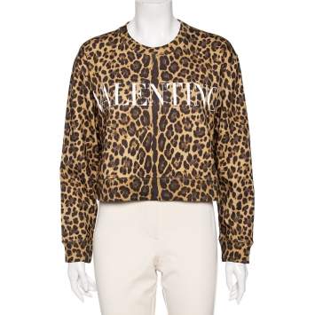 Pre Owned Valentino Brown Leopard Printed Cotton Cropped Sweatshirt L