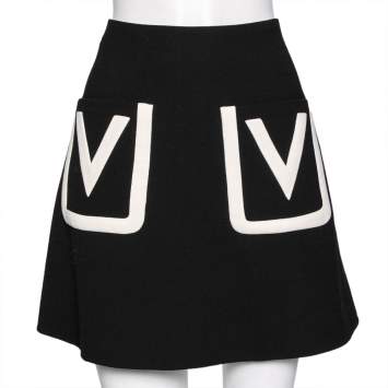 Pre Owned Valentino Black Wool V Pocket Detailed A-Line Skirt M