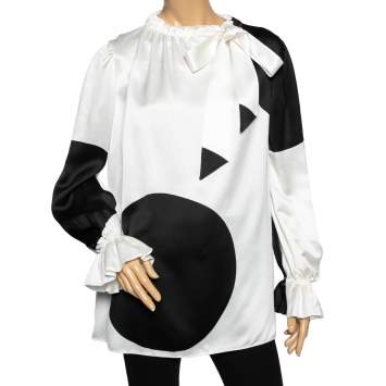 Pre Owned Valentino Monochrome Printed Satin Neck Tie Detail Blouse M