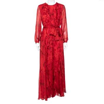 Pre Owned Valentino Red Floral Printed Silk Chiffon Ruffle Trimmed Belted Gown L