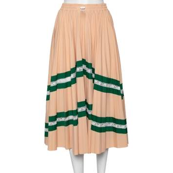 Pre Owned Valentino Peach Crepe & Lace Trimmed Pleated Midi Skirt M 