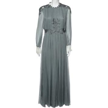 Pre Owned Valentino Grey Crepe de Chine Silk Embellished Maxi Dress L