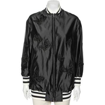Pre Owned Valentino Black Silk & Rib Knit Trimmed Butterfly Embroidered Bomber Jacket S