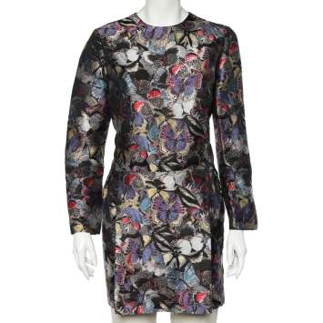 Pre Owned Valentino Multicolor Butterfly Silk Jacquard Low Pleat Detail Mini Dress L