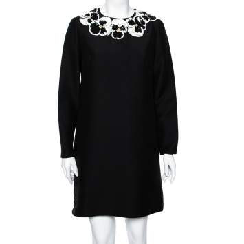 Pre Owned Valentino Black Wool & Silk Crepe Embellished Neck Shift Dress M