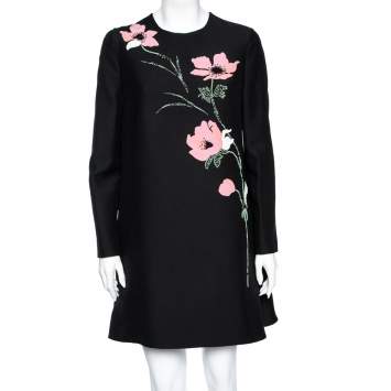Pre Owned Valentino Black Wool & Silk Floral Applique Detail Mini Dress M