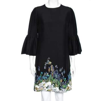 Pre Owned Valentino Black Crepe Sequin Embellished Flounce Sleeve Dress M