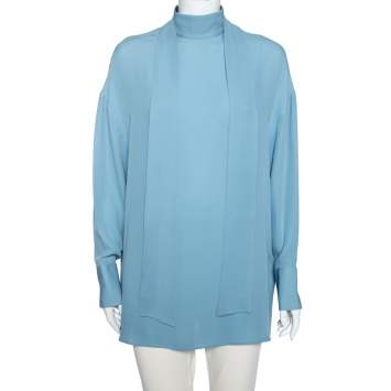 Pre Owned Valentino Blue Silk Bow Tie Back Long Sleeve Blouse M