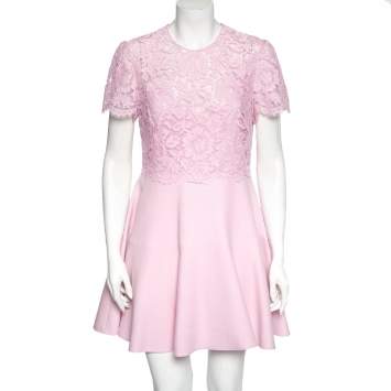 Pre Owned Valentino Pink Lace and Crepe Short Sleeve Crew Neck Dress M