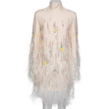 Pre Owned Valentino Cream Wool & Silk Embroidered Feather Embellished Dress M