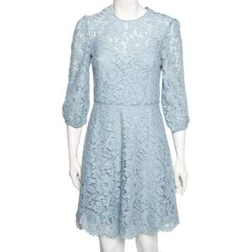 Pre Owned Valentino Blue Lace Crew Neck Dress M
