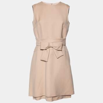 Pre Owned Valentino Beige Wool & Silk Bow Detail Belted Sleeveless Dress L
