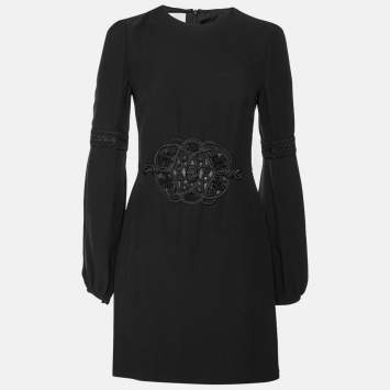 Pre Owned Valentino Black Silk Crepe Embroidered Appliqued Dress M