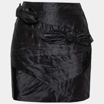 Pre Owned Valentino Black Silk Pleated Bow Embellished Mini Skirt L