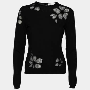 Pre Owned Valentino Black Knit Floral Bead Embellished Long Sleeve Top M