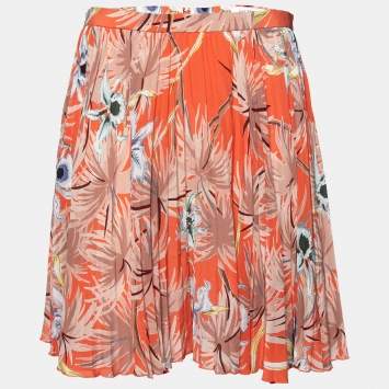 Pre Owned Valentino Orange Floral Printed Pleated Flared Mini Skirt M