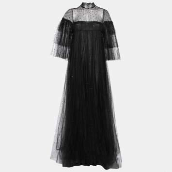 Pre Owned Valentino Black Mesh Beaded Embellished Tulle Maxi Dress M