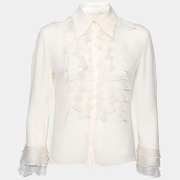Pre Owned Valentino Cream Crepe Ruffle Detail Button Front Long Sleeve Blouse L