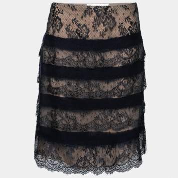 Pre Owned Valentino Blue and Beige Ruffle Trim Lace Skirt S