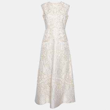 Pre Owned Valentino Cream Floral Textured Jacquard and Embellished Maxi Sleeveless Dress M 