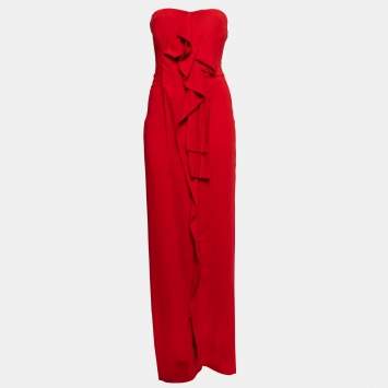 Pre Owned Valentino Red Crepe Ruffle Detail Strapless Maxi Dress M