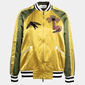 Pre Owned Valentino Yellow & Green Silk Satin Embroidered Patch Detail Bomber Jacket L