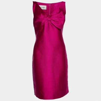 Pre Owned Valentino Vintage Pink Silk Wool Bow Detail Sheath Dress M