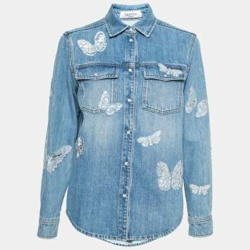 Pre Owned Valentino Blue Denim Butterfly Embroidered Button Front Shirt M