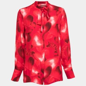 Pre Owned Valentino Red Heart Printed Silk Neck Tie Detail Button Front Blouse M