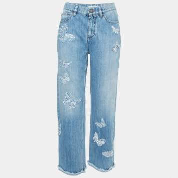 Pre Owned Valentino Blue Denim Butterfly Embroidered Straight Fit Jeans M