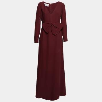 Pre Owned Valentino Maroon Silk Crepe Bow Detail Maxi Dress M