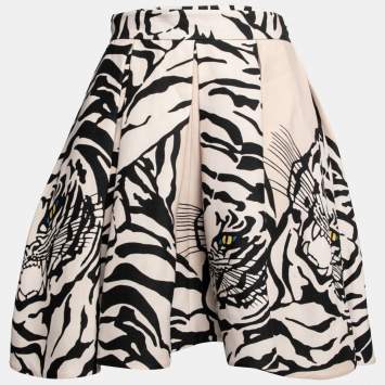 Pre Owned Valentino Monochrome Tiger Printed Wool & Silk Pleated Skirt S