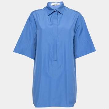 Pre Owned Valentino Blue Cotton Button Front Short Sleeve Blouse L