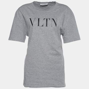 Pre Owned Valentino Grey Jersey VLTN Print Crew Neck T-Shirt L