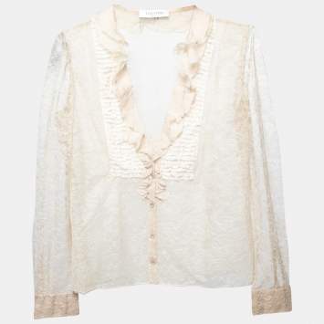 Pre Owned Valentino Beige Lace Ruffle Detail Button Front Long Sleeve Blouse L