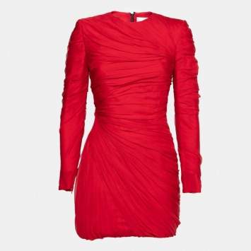 Pre Owned Valentino Red Silk Gathered Long Sleeve Short Dress M