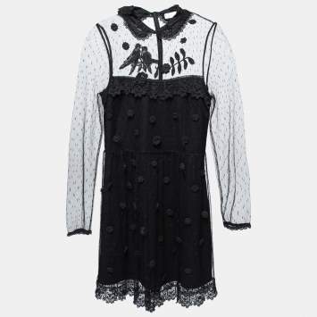 Pre Owned Red Valentino Black Tulle & Lace Floral Appliqued Long Sleeve Short Dress S