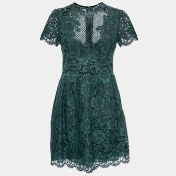 Pre Owned Valentino Green Floral Lace Bead Embellished Short Sleeve Dress 