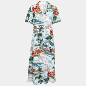 Pre Owned Valentino Multicolor Hawaiian Printed Silk Crepe De Chine Button Front Midi Dress M