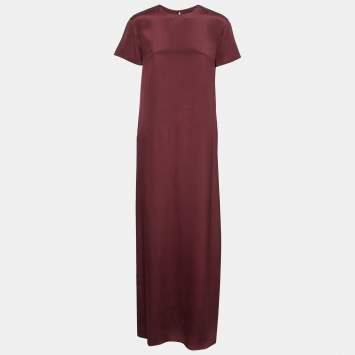 Pre Owned Valentino Burgundy & Pink Paneled Silk Crepe Short Sleeve Maxi Dress S