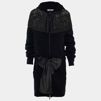 Pre Owned Valentino Grey/Black Wool Crochet Hoodie Zip Front Jacket M