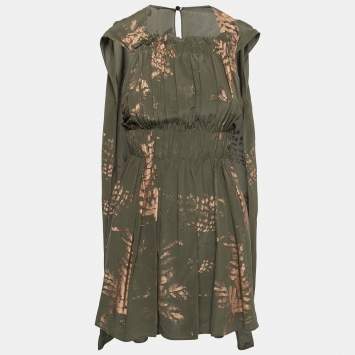 Pre Owned Valentino Olive Green Silk Printed Cape Kaftan Dress S