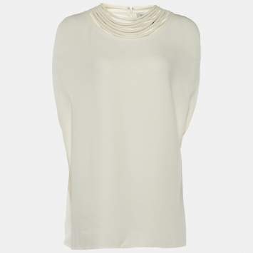 Pre Owned Valentino Cream Silk Layered Neckline Cape Blouse L