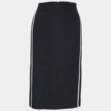 Pre Owned Valentino Black Wool Contrast Stripe Detail Asymmetric Skirt L