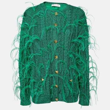 Pre Owned Valentino Metallic Green Feather Embellished Cardigan L