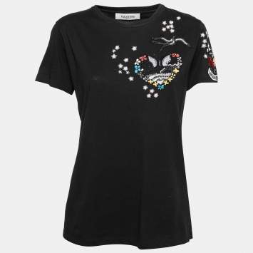 Pre Owned Valentino Black Cotton Sequin and Beaded Embellished Crew Neck T-Shirt L